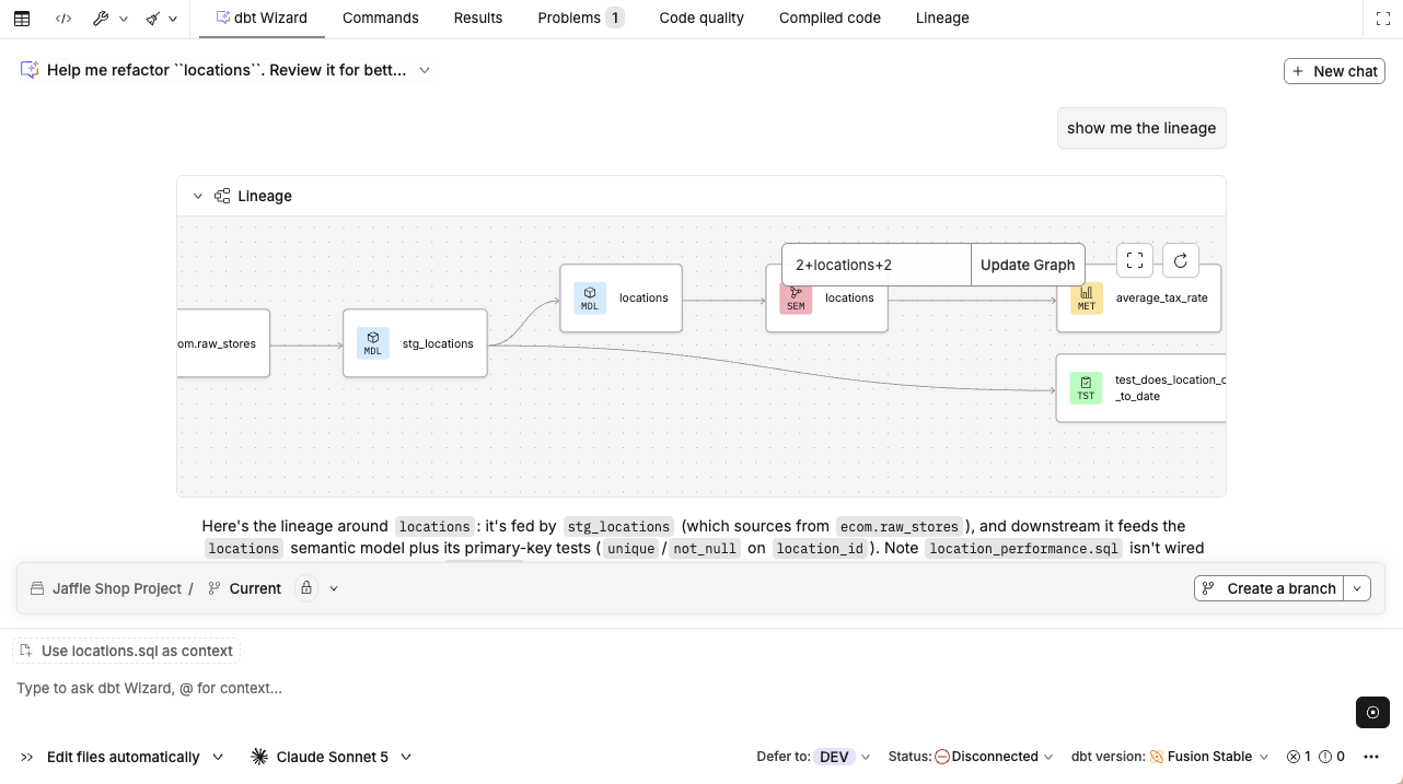 dbt Wizard in the Studio IDE refactoring a model and displaying the lineage inside the chat interface. dbt Wizard in the Studio IDE refactoring a model and displaying the lineage inside the chat interface.